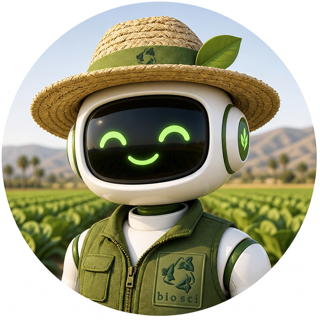 BioSci robot agronomy assistant wearing a straw hat and BioSci vest